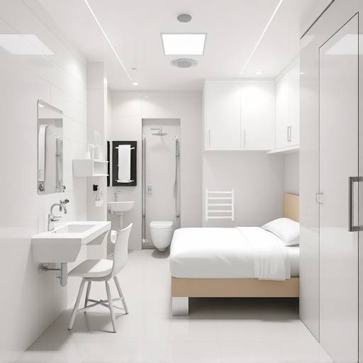 Celda moderna, mostrando un espacio limpio y bien iluminado con una cama, un escritorio y un baño.