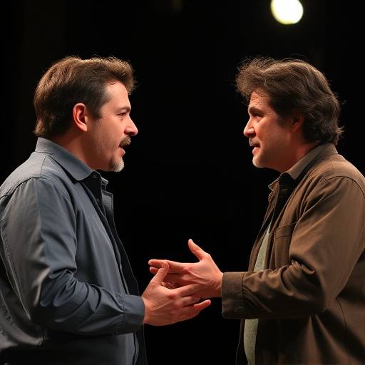 Deux acteurs en pleine sc√®ne de th√©√¢tre, l'un expressif et dramatique, l'autre observant avec attention.