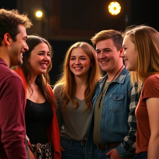 Groupe d'√©tudiants en th√©√¢tre travaillant ensemble sur une sc√®ne, souriant et engag√©
