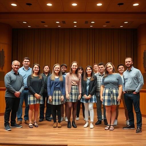 Photo de groupe des √©l√®ves et des professeurs de l'Acad√©mie Lumi√®re, souriant et posant sur la sc√®ne d'un th√©√¢tre.