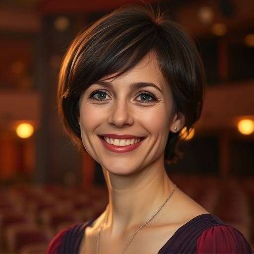 Portrait d'Isabelle Moreau, une femme souriante aux cheveux bruns courts, posant dans un th√©√¢tre