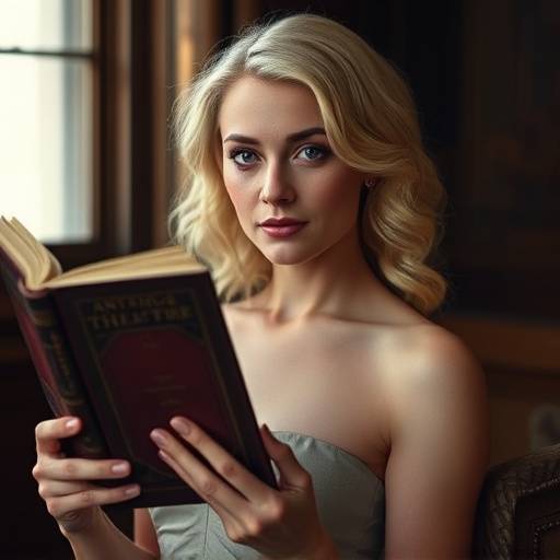 Portrait de Sophie Leclerc, une femme √©l√©gante aux cheveux blonds, posant avec un livre de th√©√¢tre ancien √† la main