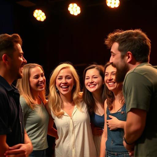 Un groupe d'acteurs en pleine improvisation comique, riant et interagissant ensemble.