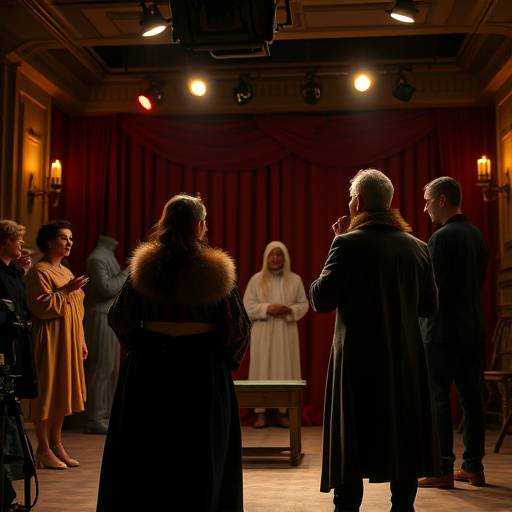 Un groupe d'acteurs r√©p√©tant une sc√®ne d'une pi√®ce de th√©√¢tre classique.