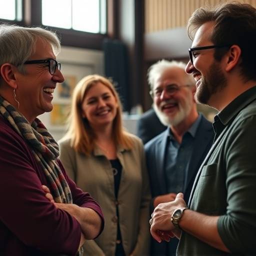Un groupe de professeurs de th√©√¢tre discutant et riant ensemble, cr√©ant une ambiance chaleureuse et collaborative